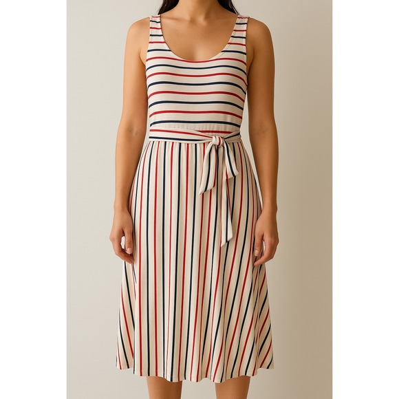 LOFT Striped Midi Dress Sleeveless Belted Casual Red White Blue Medium - Picture 1 of 6